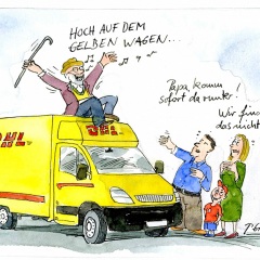 Peter Gaymann demensch Kalender  2018 Juli_Hoch_auf_dem_gelben_Wagen